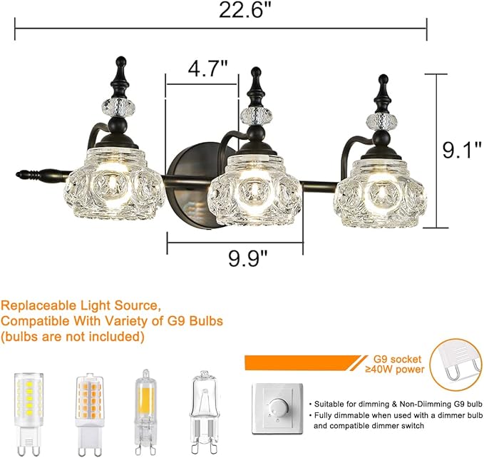 Vintage Bathroom Vanity Light Fixture, 3 Lights Bathroom Lighting Painted Black Surface with Thick Crystal Glass Shade, Vintage Vanity Light for Bedroom Living Room