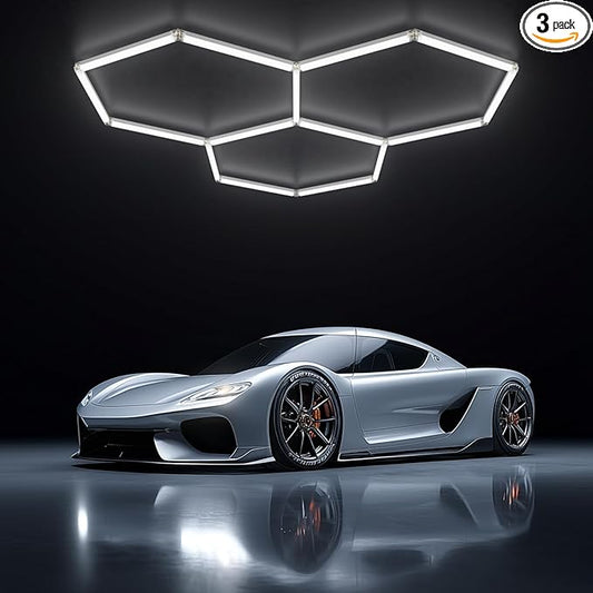 Hexagon Garage LED Ceiling Light 98W, 11700 Lumens, 6500K Ultra-Bright Expandable DIY Design Ideal for Auto Detailing, Workshops, Basements, Barber Shops, Gyms, and More (3 Pack)