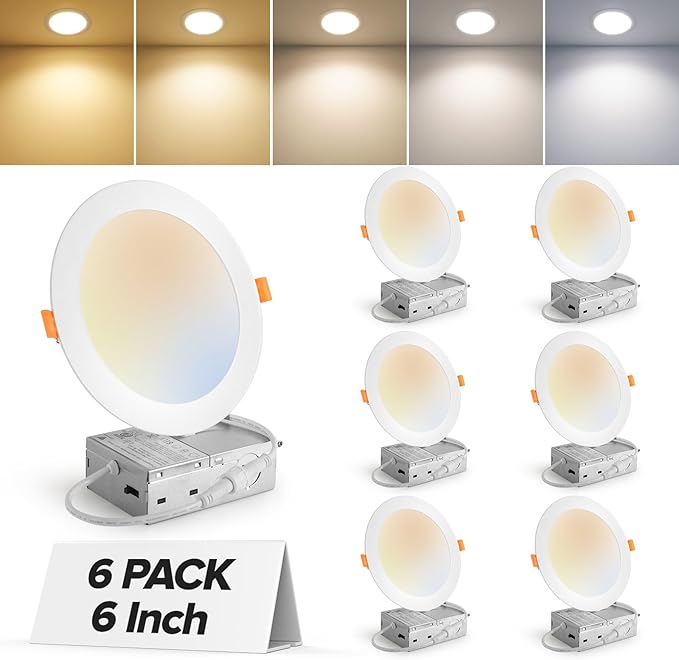 MAILCOS 6 Pack 6 Inch 5CCT Ultra-Thin LED Recessed Ceiling Light with Junction Box, 2700K-5000K Selectable, 1050LM High Brightness, Dimmable Canless Wafer Downlight, 12W 120V, ETL