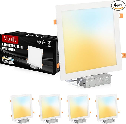 4 Pack 11 Inch Square LED Recessed Ceiling Light 5CCT 2700K - 5000K for Kitchen Retrofit, Ultra Thin Canless Wafer Downlight Damp Rated for Bathroom, 24W Dimmable 1920LM for Basement ETL FCC