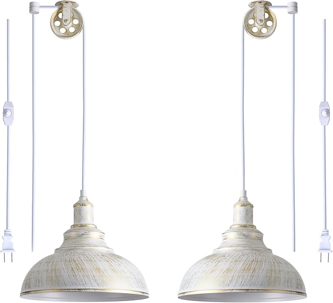 White Plug in Pendant Light Hanging Lamps for Living Room 15FT Dimmable Switch Adjustable Pulley Hanging Lights with Plug in Cord for Kitchen Bedroom 2 Pack