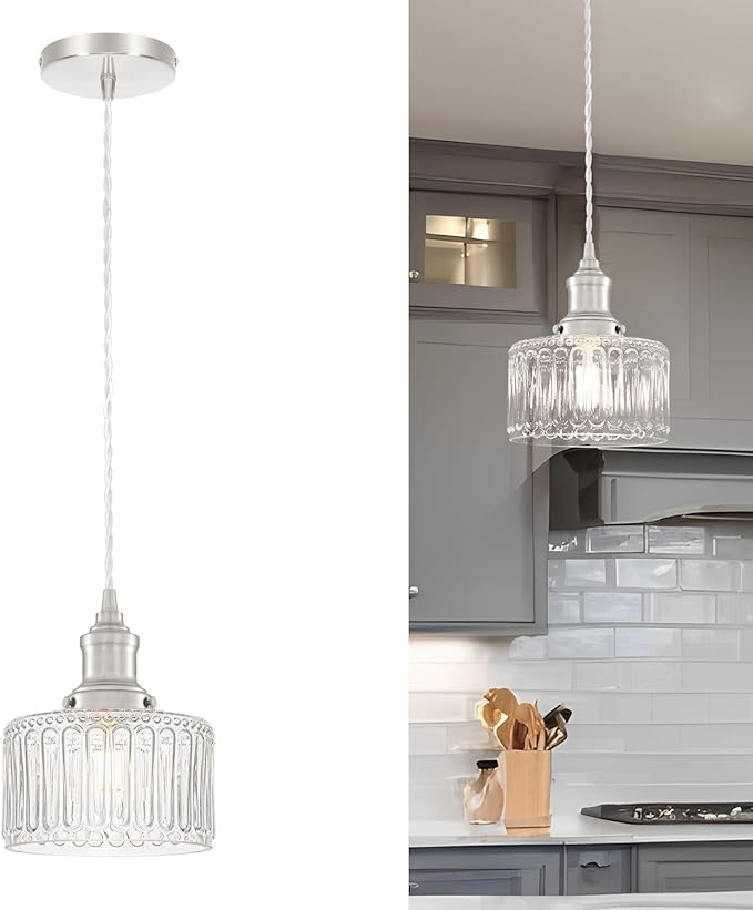 Brushed Nickel Pendant Lights Kitchen Island, Vintage Pendant Light Clear Striped Glass Lmapshade, Rustic Kitchen Pendant Lighting Over Island, Adjustable Hanging Light for Dining Room Hallway