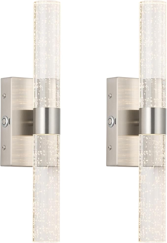 Brushed Nickel Battery Operated Wall Sconces Set of 2, 20000mAh Rechargeable Wall Light with Remote Control, 3000K-6000K Dimmable LED Wireless Sconces for Bedroom, Living Room, 15.6 Inch