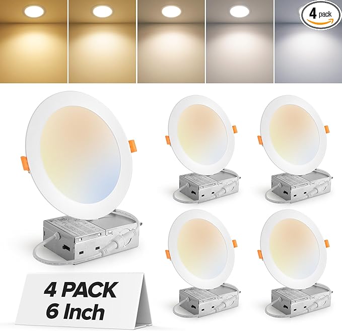 MAILCOS 4 Pack 6 Inch 5CCT Ultra-Thin LED Recessed Ceiling Light with Junction Box, 2700K-5000K Selectable, 1050LM High Brightness, Dimmable Canless Wafer Downlight, 12W 120V, ETL