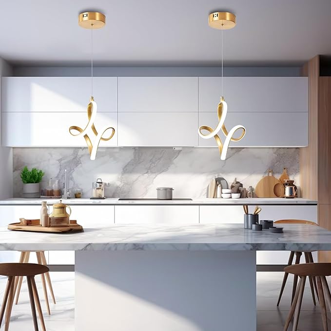 Modern Led Pendant Light 5500K Cold White Kitchen Island Pendant Light Fixtures Adjustable Height Led Pendant Lamp for Kitchen Island Dining Room Hanging Light, 1 Pack (Gold)