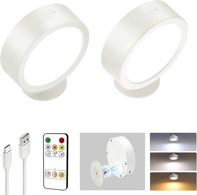 EZVALO LED Wall Mounted Lights, 5500mAh Rechargeable Wall Sconces Lamp, 3 Color Temps & Remote and Touch Control, 360°Rotation Dimmable Cordless Wall Light for Bedroom Reading Study (2 Pack White)