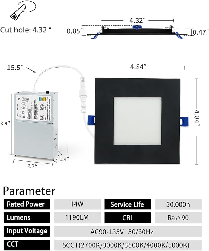 Adetu 4 inch Square Led Recessed Lighting Black,5CCT Ultra Thin Square Led Ceiling Light with Junction Box,2700K-5000K, 10W 860LM,Can-Killer Wafer Downlight,ETL and Energy Star Certified
