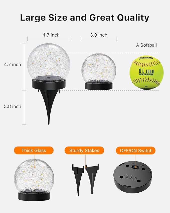 4 Pack 4.72" Solar Powered Cracked Glass Globe Lights Outdoor Waterproof Decorative Table Ball Lamps for Outside Garden, Patio, Yard, Deck, Pathway, Backyard Decoration Easy to Install (Warm White)