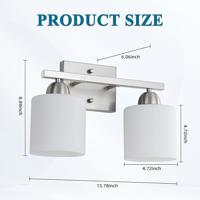 Mecgirn Stainless Steel Milk Glass Vanity Lights for Bathroom, 2 Light Brushed Nickel Bathroom Light Fixtures Over Mirror, Ceramic E26 Sockets Wall Mounted