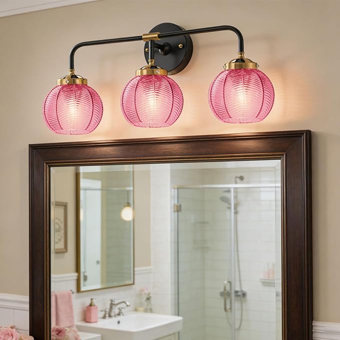 Glass Bathroom Vanity Light Red Ribbed Glass Wall Light Fixtures 3-Light 23.6 Inch Mid Century Bathroom Lights Fixture Globe Vanity Lamp Over Mirror Wall Sconce for Bedroom Hallway