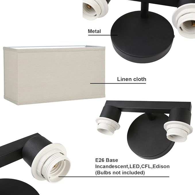Yosoan Linen Boho Wall Sconce Stairwell Fixture Light, 2-Light Indoor Hardwired Vanity Dual Vintage Industrial Bedside Sconce Wall Mount Lighting Square Fabric Shade for Hallway Kitchen Living Room