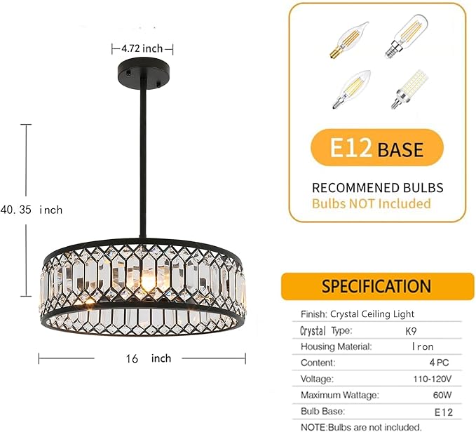 Crystal Ceiling Lights 16 Inch Modern Semi Flush Mount Ceiling Light Fixture,Farmhouse Rustic Black Chandelier for Drawing Room Bathroom Kitchen Dining Room Living Room Foyer(4 Light)