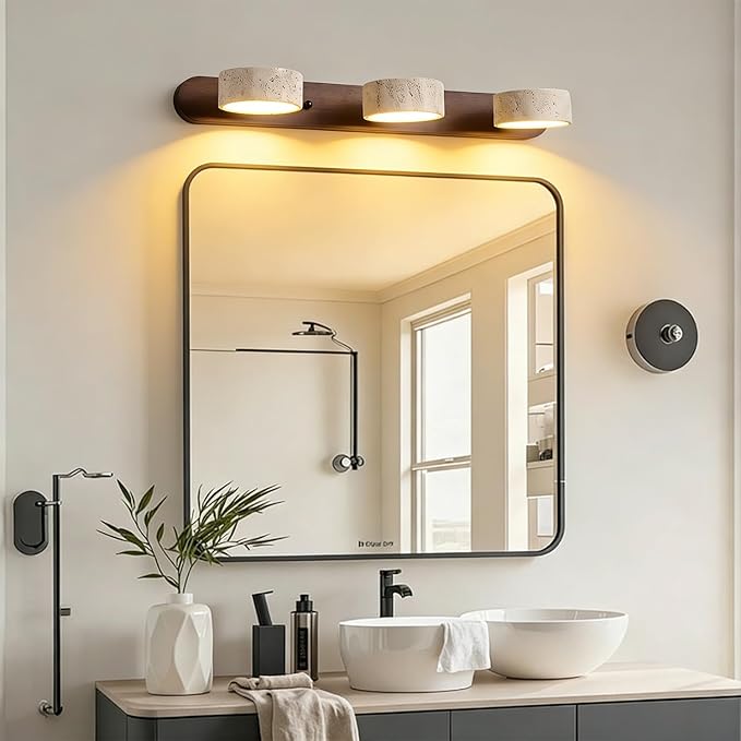 LED Natural Stone Vanity Light with 3 Travertine Stone Shades, Bathroom Vanity Light Fixture, 360° Rotatable Stone Lampshades, Modern Rustic Wall Lamp for Bedroom, Living Room, Hallway (Walnut Wood)