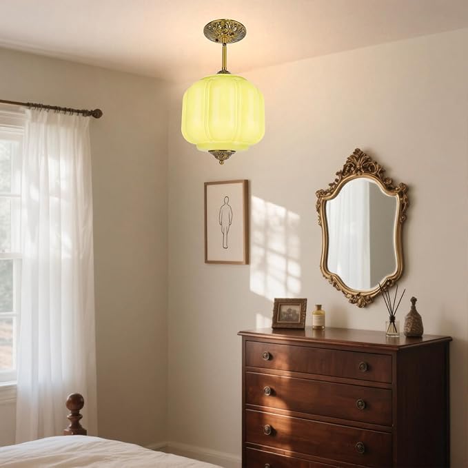 9in Green Milk Glass Ceiling Light, LED Bulb Included, Vintage Schoolhouse Semi Flush Mount Pendant Light Art Deco Chandelier for Kitchen Dining Room Hallway Bedroom, Antique Gold & Green
