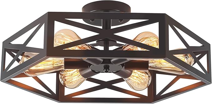 Semi Flush Mount Ceiling Light, Black Large 6-Light Fixtures Ceiling Mount with Hexagon Cage, Metal Industrial Close to Ceiling Light for Hallway, Kitchen, Bedroom (Black, 19.68''L)