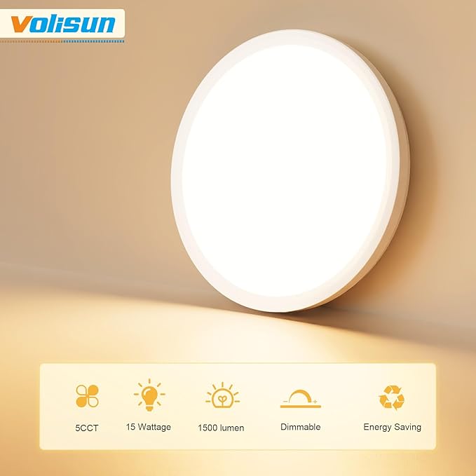 VOLISUN 5CCT LED Flush Mount Ceiling Light, 7 inch Dimmable Ultra-Thin LED Ceiling Light Fixture, 3000K-6500K Selectable, 15W LED Ceiling Lights for Bedroom, Kitchen, Closet and Hallway (1Pack, White)