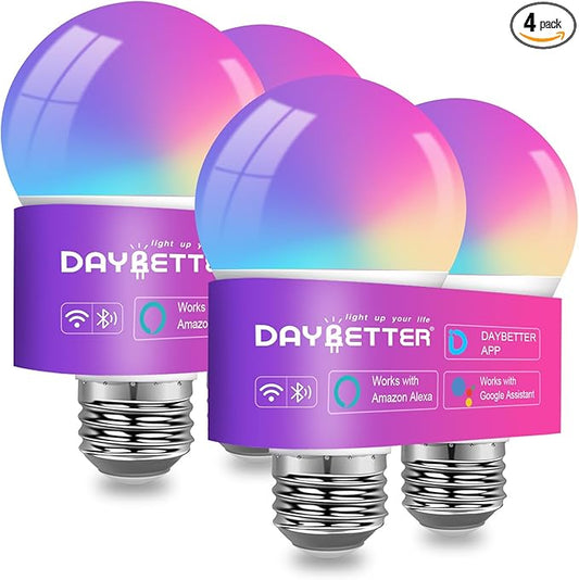 DAYBETTER Smart Light Bulbs, RGBCW Color Changing Smart Bulb Compatible with Alexa & Google Home,Preset Scene, Music Sync, A19 E26 2.4G WiFi Bluetooth Dimmable LED Bulbs, 60W Equivalent, 800LM, 4 Pack