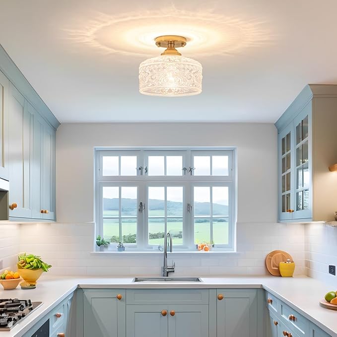 Gold Semi Flush Mount Ceiling Light, Antique Brass Ceiling Light with Glass, Indoor Close to Ceiling Light Fixture, Entryway Light Fixtures, Overhead Lighting for Hallway Kitchen Bedroom Dining Room
