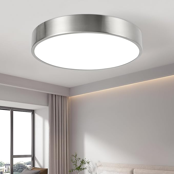 13inch Round Bathroom Ceiling Lighting Fixture, Overhead Polished Brushed Nickel Bedroom Ceiling Lights, Low Profile Led Chrome Flush Mount Light, 26W, 3000K, ETL Listed