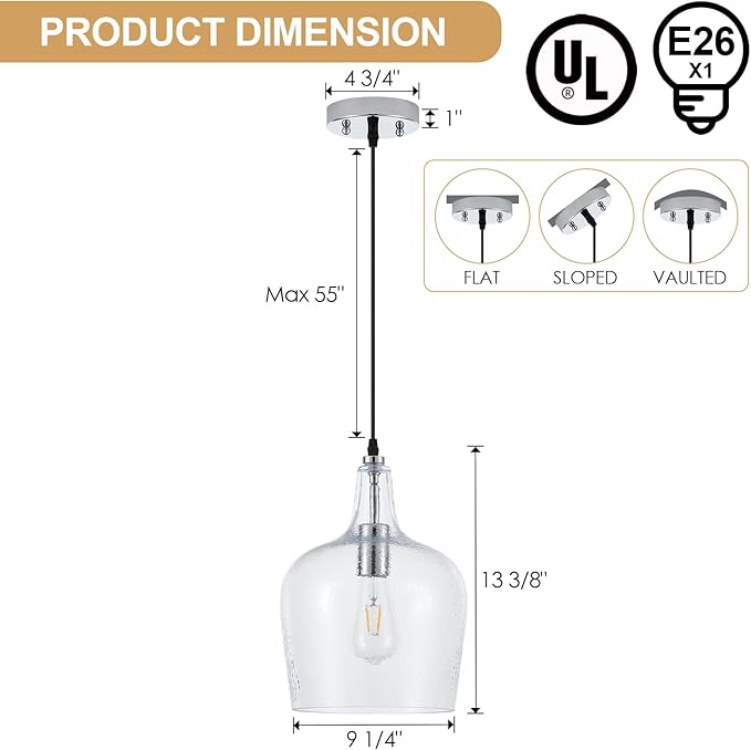 9.25”Chrome Hammered Glass Pendant Light Modern 1 Light Single Dome Pendent Lighting Fixtures for Kitchen Island Dining Room Hallway, UL Listed