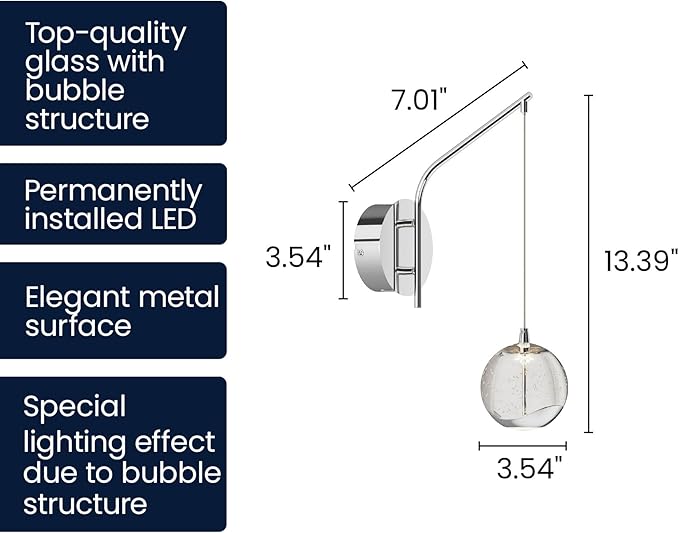13" Chrome Hanging Wall Sconce Vintage, Integrated LED Bubble Glass Globe, Modern Art Deco Hanging Wall Light for Bedroom, Living Room and Bathroom, Silver, 3000K Warm White, Hardwired
