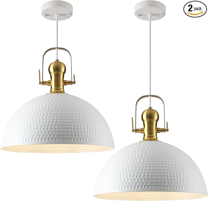 15.7 Inch White Pendant Light 2 Pack, Hammered Industrial Pendant Lights Adjustable Height, Farmhouse Dome Hanging Light for Dining Room Bedroom Foyer Barn