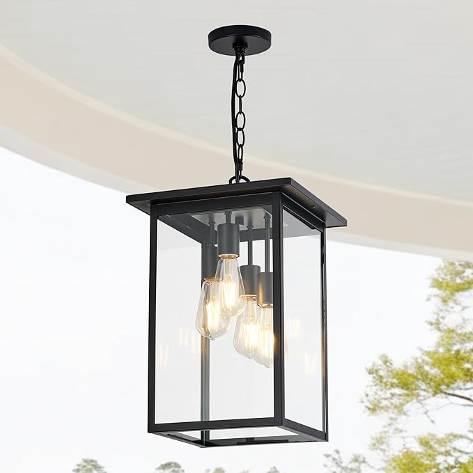 Large Outdoor Pendant Light Fixtures 4-Light Black Exterior Hanging Lantern with Clear Glass Outside Chandelier for Porch Front Door House Front Porch Entrance Foyer Entryway(Bulb Not Included)