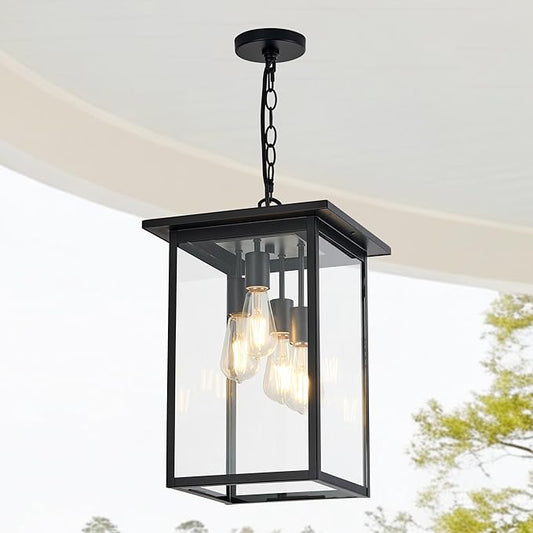 Large Outdoor Pendant Light Fixtures 4-Light Black Exterior Hanging Lantern with Clear Glass Outside Chandelier for Porch Front Door House Front Porch Entrance Foyer Entryway(Bulb Not Included)