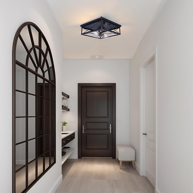 COTULIN 2-Pack Farmhouse Black Flush Mount Ceiling Lights, Industrial Square Metal Cage Light fixtures for Bedroom Hallway Kitchen Balcony Porch Stairway
