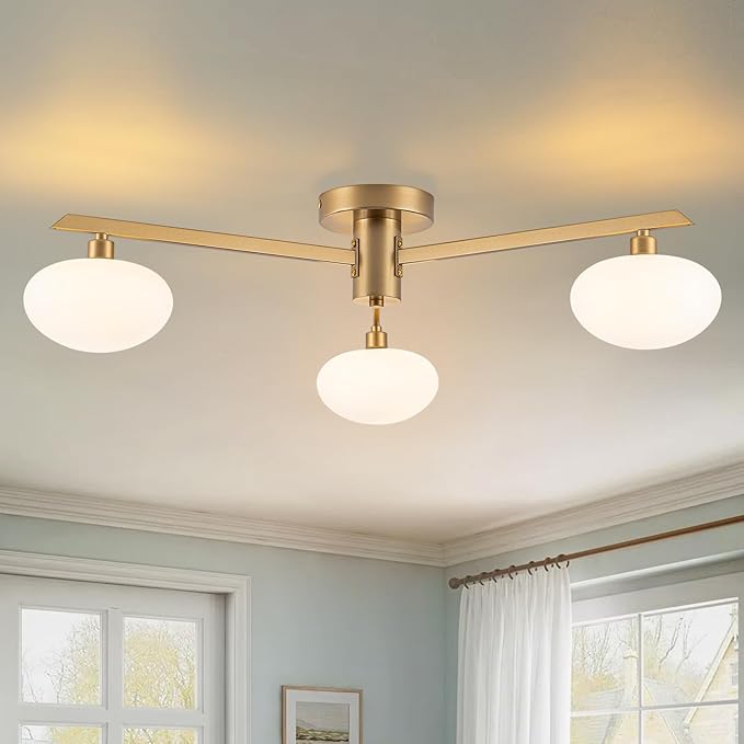 Semi Flush Mount Ceiling Light Fixture, Mid Century Modern 3-Light 22.5" Lighting Fixtures Ceiling Matte Gold Ceiling Lights for Bedroom, Entryway, Hallway, Kitchen lsland, Dining Room & Living Room