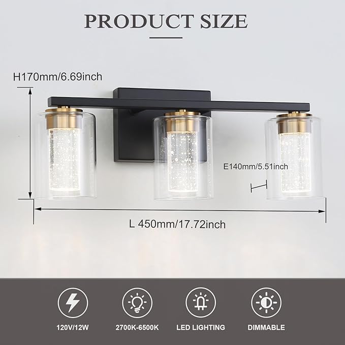 EMONG 3-Light Black&Gold Bathroom Light Fixtures,Dimmable 5CCT LED Vanity Lights with Clear Glass,2700K-6500K Adjustable Crystal Bubble Black Bathroom Vanity Light Over Mirror for Hallway