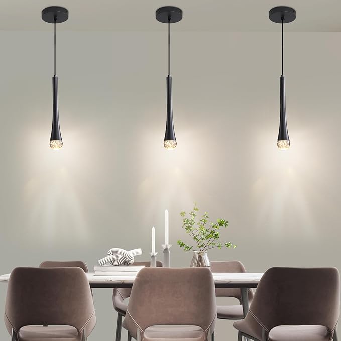 3 Pack Modern Black LED Pendant Light, Kitchen Island Ceiling Hanging Lights, Teardrop Bubble Crystal, 3 Color 2700K/4500K/6500K, Bedside Small Chandeliers Lamps for Bar, Dining Room, Hallway, Foyer