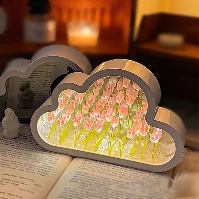 LOGAZOO (20 Flower) Mothers Day Gifts for mom Tulip Lamp Night Light with Mirror, Assembled Artificial Flower Lamp Table Light Bedroom Decoration Gift for Women Girlfriend Sisters Desk Table Decor