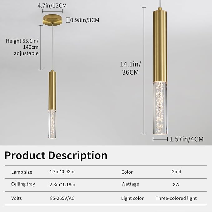 2 Pack Minimalist Kitchen Island Pendant Lights, Gold Modern Linear Hanging Light Fixture, Bubble Acrylic, Adjustable 3000K/4500K/6500K, LED Ceiling Light for Dining Room, Bedroom, Bathroom