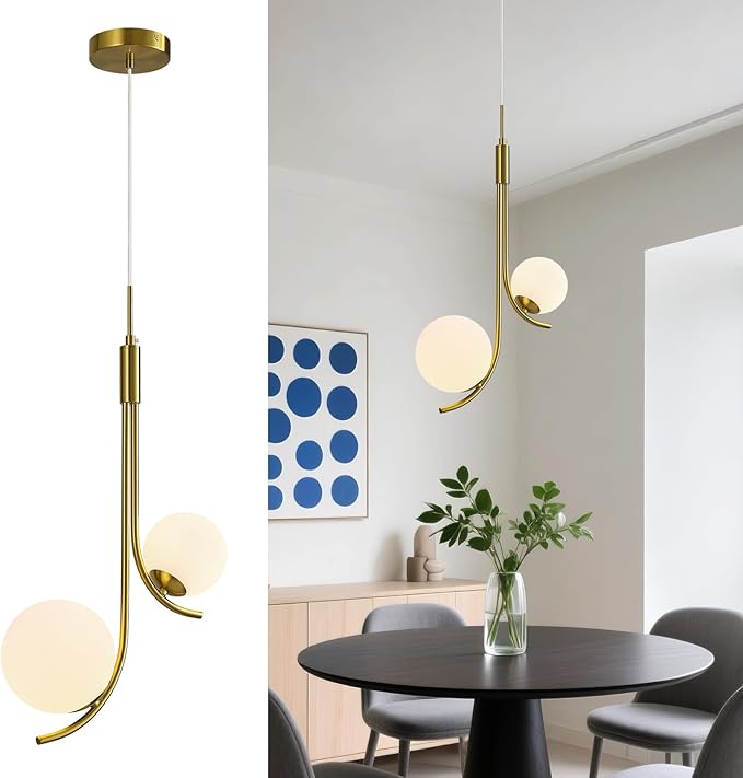Modern Pendant Light Fixture Gold Globe Pendant Lights Kitchen Island White Frosted Milk Glass Sputnik Chandelier Vintage for Kitchen, Office, Entryway (2-Light)
