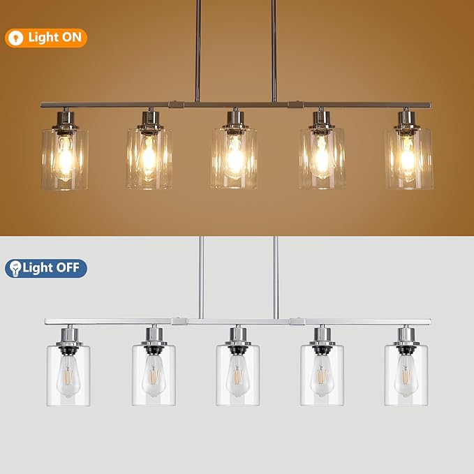 39.4" Kitchen Island Lighting, 5 Lights Clear Glass Pendant Light Fixtue, Chrome Linear Metal Chandelier for Dining&Living Room Foyer,Height Adjustable,E26 Socket