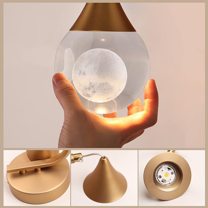 Sedelan Moon Wall Light, Crystal Wall Sconces Indoor, Modern LED Bedside Wall Lamps, 5W Dimmable Globe Wall Lights for Living Room Bathroom Sconce Corridor Stairwell, Brass