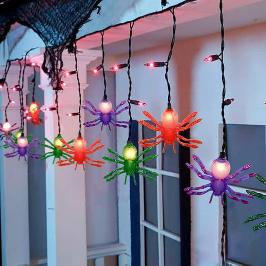 Halloween Spider String Lights, 7Ft Halloween Decorations Lights with 10 LED Colorful Spider Lights 15 Mini Purple Bulbs, Hanging Fairy Lights UL Listed for Outdoor Curtain Porch Bar Party Decor
