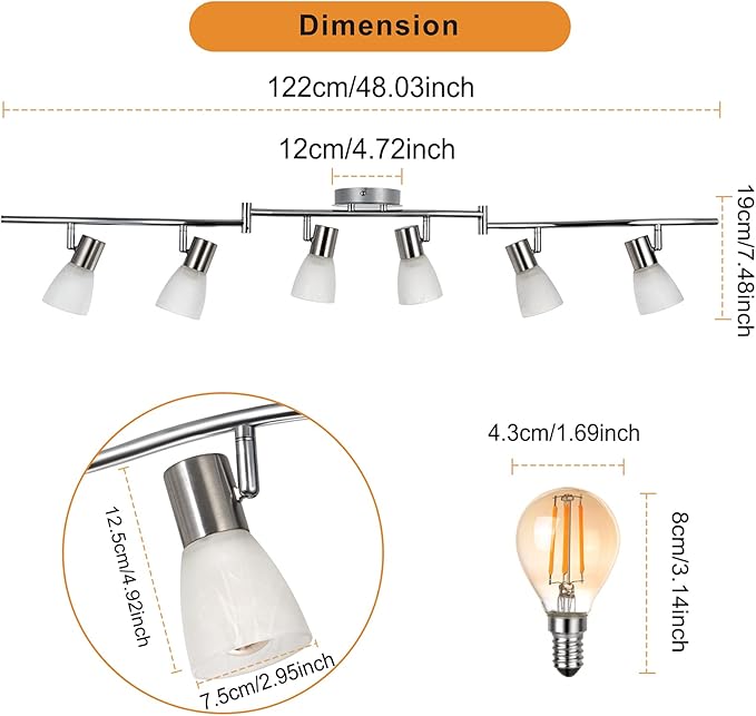 HiBay 6-Light Ceiling Light Fixture, Adjustable LED Track Lighting Kit, Modern Sliver Spotlight with Glass Shade for Kitchen Living Room Hallway, E12 Base (Bulbs Not Included)