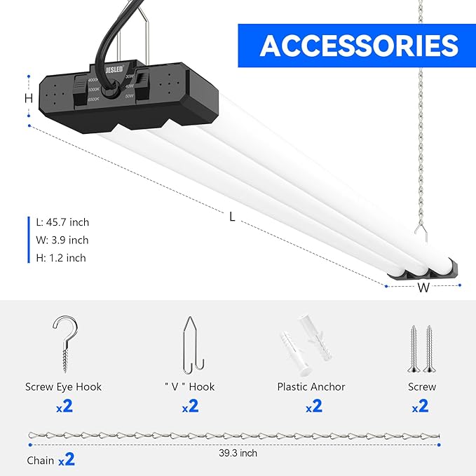 JESLED LED Shop Lights 4FT, 3CCT Selectable 4000K/5000K/6500K, Adjustable 30W/40W/50W, 7500LM Super Bright (300W Equivalent), Linkable Utility Light for Garage, Ceiling or Hanging Mount, ETL, 2 Pack