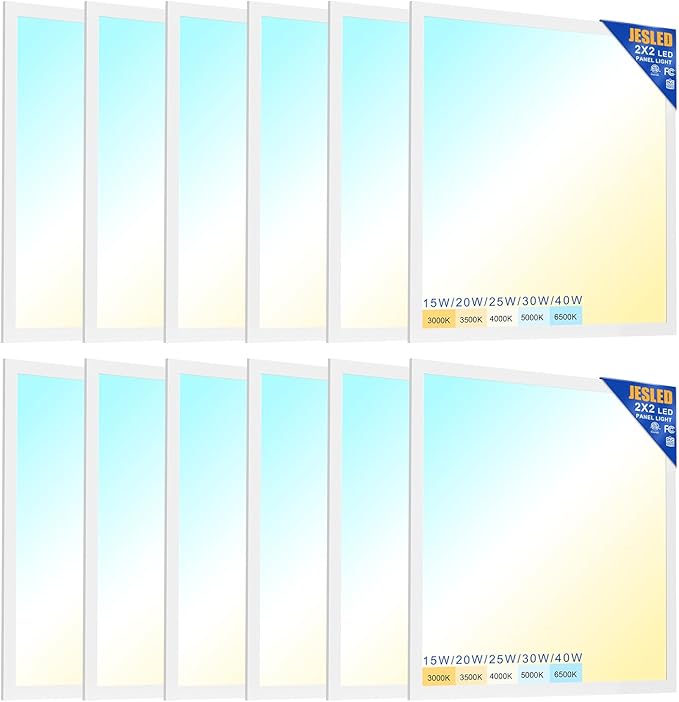 JESLED 12Pack 2x2 led Flat Panel Light, 6000LM, Drop Ceiling Lights Fixture for Office Kitchen Basement Laundry, 15W/20W/25W/30W/40W Selectable, 5CCT Switchable, 0-10V Dimmable, DLC ETL Listed
