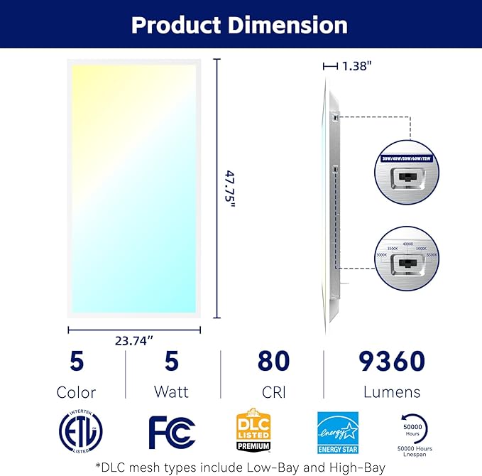 2 Pack 2x4 LED Flat Panel Light LED Drop Ceiling Light Fixture, 5 CCT 3000K-6500K Adjustable & 5 Wattage 30-72W Selectable Recessed Back-Lit Fixture for Office, ETL Listed