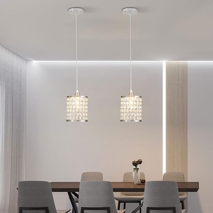 TFCFL 2 Pack Crystal Pendant Light, Modern Metal Ceiling Hanging Light Fixture with Adjustable Long Cord Chrome Finish for Kitchen Dining Room Bedroom