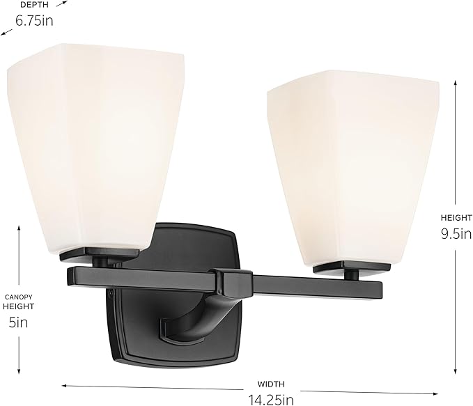 Kichler Marant 2-Light Bathroom Vanity Light Fixture with Opal Glass, 14.25" Modern Wall Sconce in Black for Over Mirror, Powder Room (14.25" W x 9.5" H), 55215BK