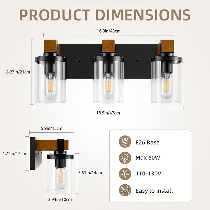 3-Light Farmhouse Bathroom Light Fixtures, Black Bathroom Vanity Light Fixtures Over Mirror, Rustic Sconces Wall Lighting with Clear Glass Shades for Living Room, Bedroom, Hallway