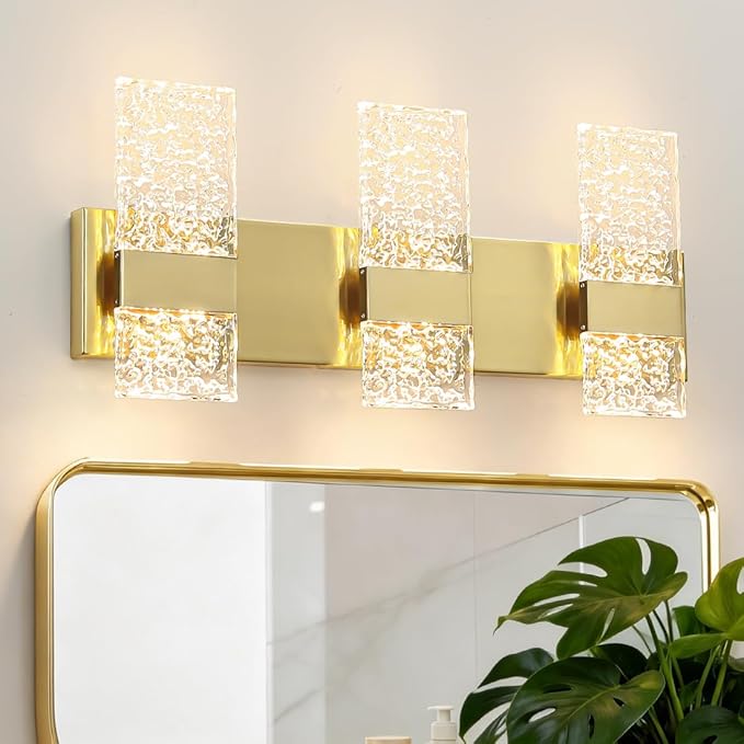 Modern Brushed Gold 6-Lights Bathroom Vanity Light, Eleglant Brass LED Bathroom Light Fixtures over Mirror, Dimmable Acrylic Shade Wall Lighting Fixtures, Hardwired Wall Light(H9.25in, L21.26in)