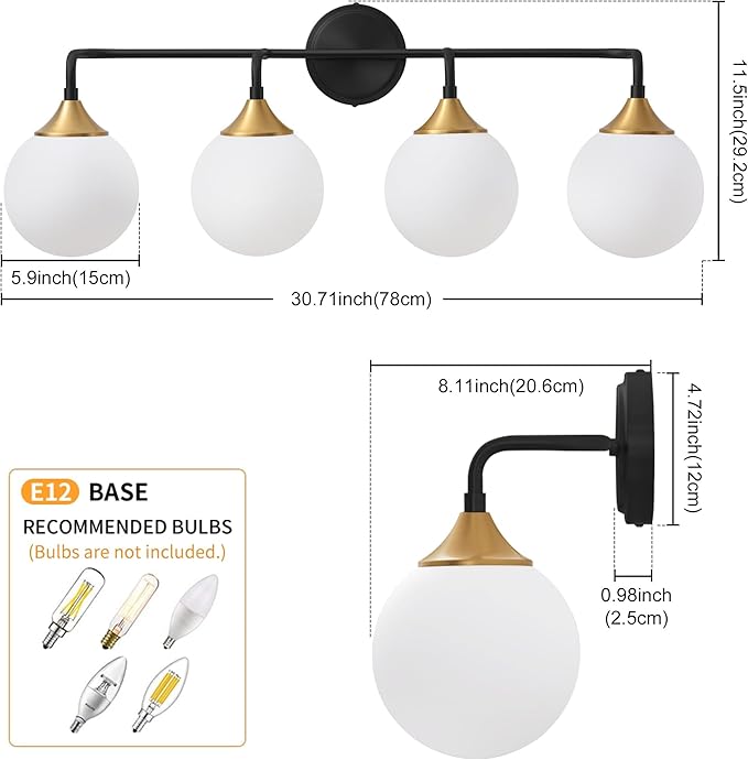 Bathroom Light Fixtures, 4-Light Black Gold Bathroom Vanity Lights Over Mirror, Modern Farmhouse Wall Sconce Lighting with Milk White Glass Ball Shades