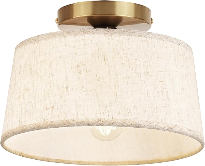 Modern Ceiling Light Fixture, 10 Inch Semi Flush Mount Lamp with Linen Shade, E26 Base, Gold for Kitchen Bedroom Hallway Closet Entryway Room Small Spaces