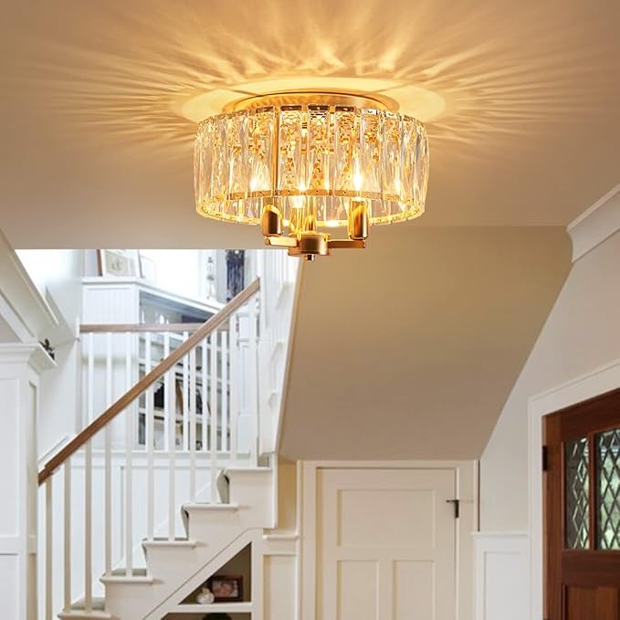 AGV LIGHTING CL002G Crystal Semi Flush Mount Ceiling Light Fixture, E12 Base 3-Lights, D13 x H15, Shine Gold Finish