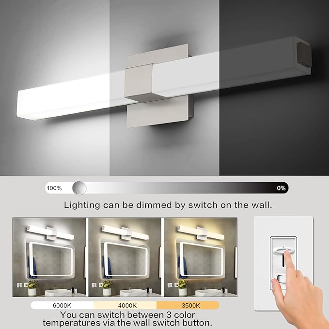 ZUZITO 24in Modern Bathroom Vanity Light, 3CCT Dimmable Nickel LED Vanity Lights Bar, 18W Bathroom Lighting Fixtures Above Mirror 3000K/4500K/6000K Selectable
